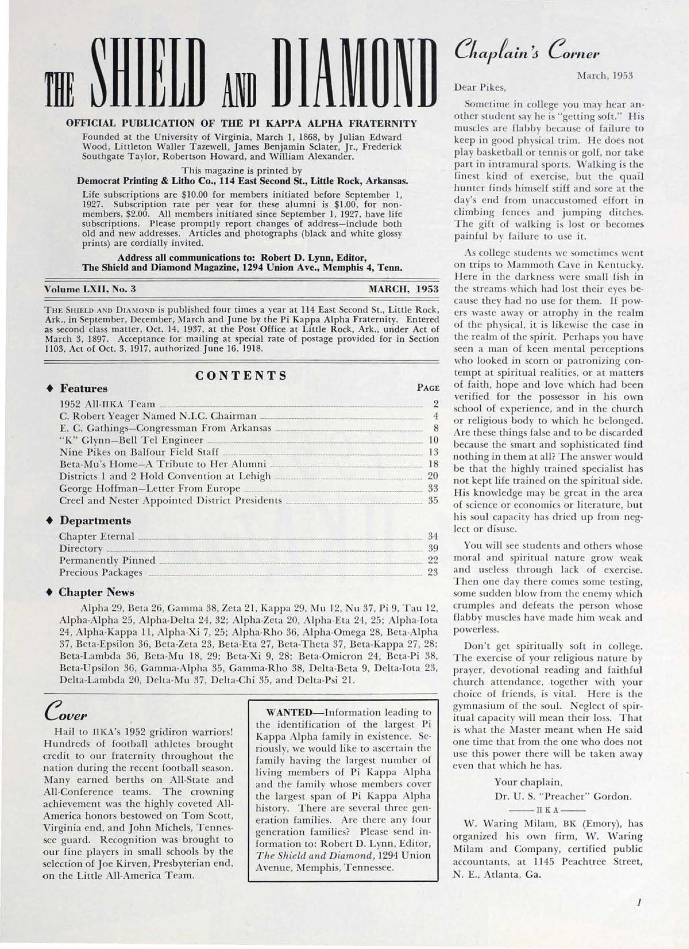 Chaplain's Corner, March 1953